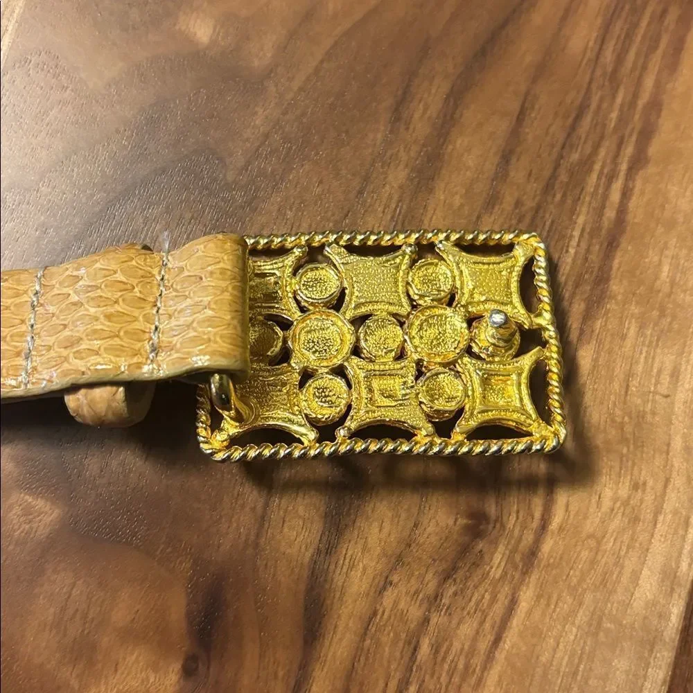 Vintage Carlisle Snakeskin (?) Leather Belt with Gold and Silver Buckle - L